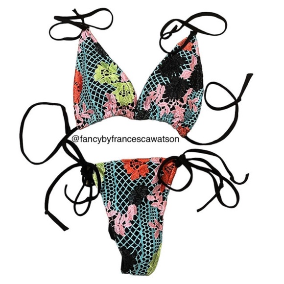 Handmade designer embroidered bikini black floral multicolored size small new - Picture 1 of 4